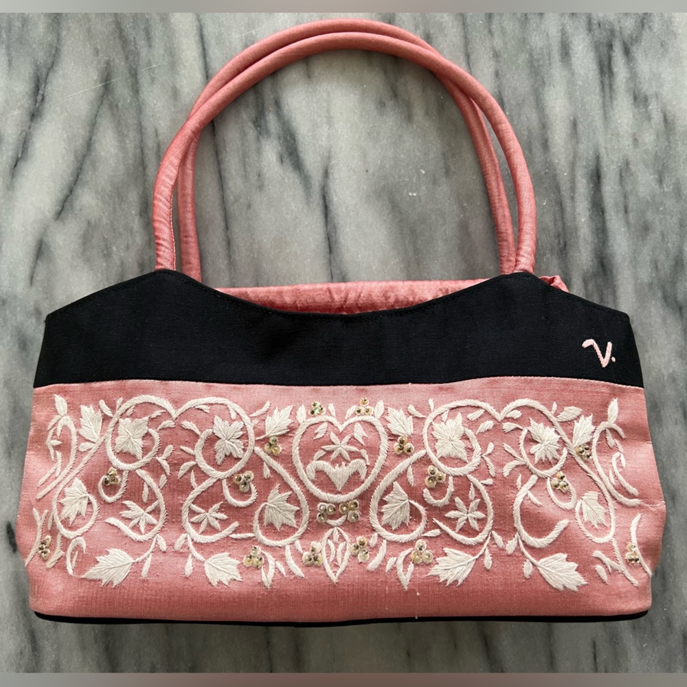 Hand-embroidered, Pink and Black Silk Handbag with Beaded Detailing